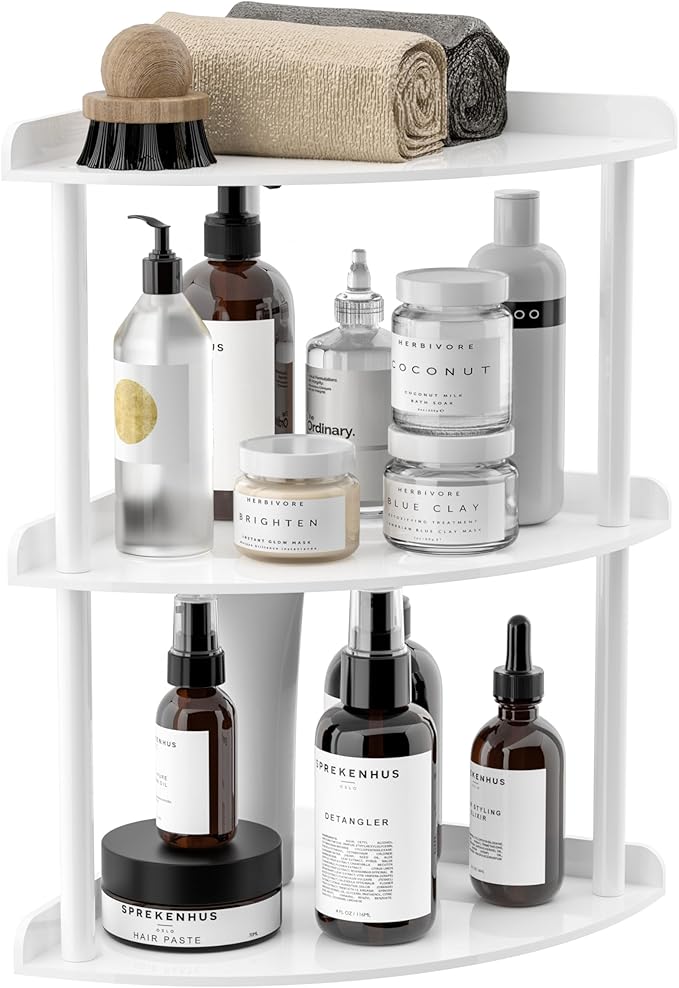 Sezanrpt 3 Tier Acrylic Corner Shelf Organizer Storage 9.5x9.5x15.7 Inch, White Countertop Corner Shelf for Bathroom, Kitchen, Bedroom, Office, Study Room