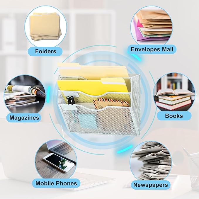 EASEPRES Magnetic 3 Pocket Mesh Hanging Wall File Organizer, Wall Mounted Mail Paper Document Folder Holder, Clipboard Storage Magazine Rack with Nametag Label for Office Home School, White