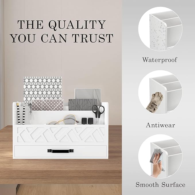WISUCART Bamboo Mail Organizer Countertop Wood Desk Organizer Drawer Tabletop Storage Box Letter Sorter Makeup Organizer for School Home Office Supplies White