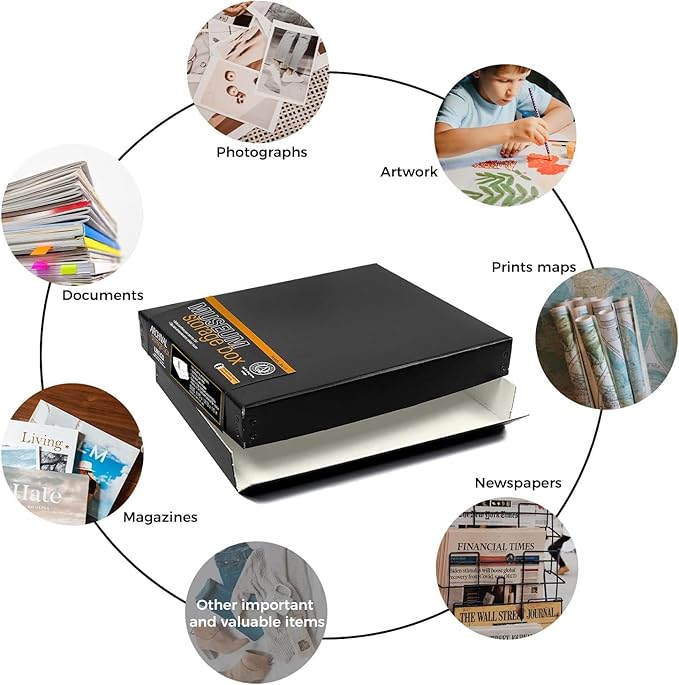 Lineco Museum Archival Storage Box, 8.75x10.75x1.5 in. Drop Front Design. Acid-Free with Metal Edge. Organize Photos, Pictures, Prints, Documents, Crafts, DIY. Black, 1 Pack