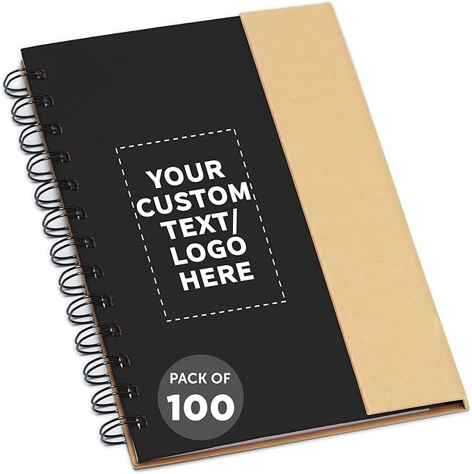 DISCOUNT PROMOS Custom Eco-Friendly Spiral Notebooks with Pens – Set of 100, Perfect for Mother’s Day Gift – Bulk Pack for School, Office, or Home – Black