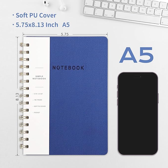Spiral Notebook-5.75" x 8.125" College Ruled Journal with Inner Pockets and 160 Pages,PU Leather Cover Business Journal, Twin-Wire Binding Notebook Perfect for Office & Home School Supplies 3 pack Navy Blue
