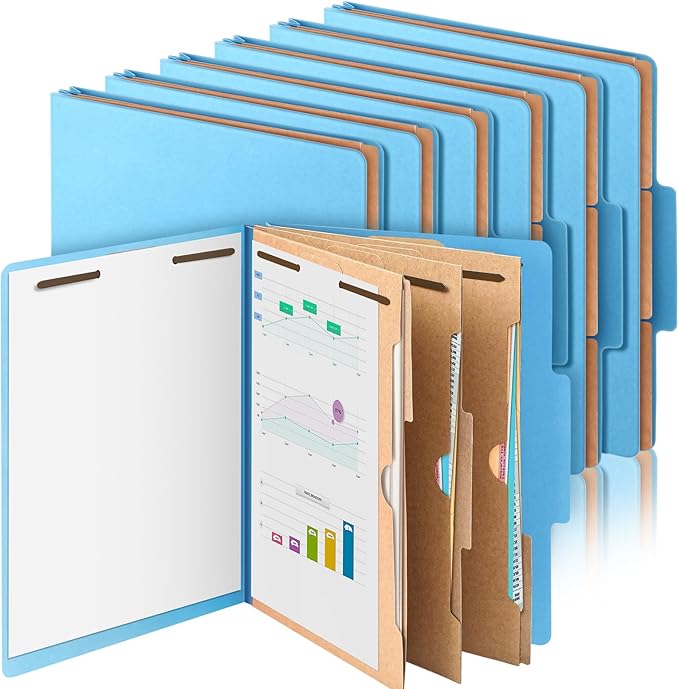 12 Pcs Classification Folders Letter Size 3 Pocket Dividers Employee File Folder with 2 Prongs Fasteners, 2 in Expansion Heavy Duty Pressboard File Holder for School Office Medical Document(Blue)