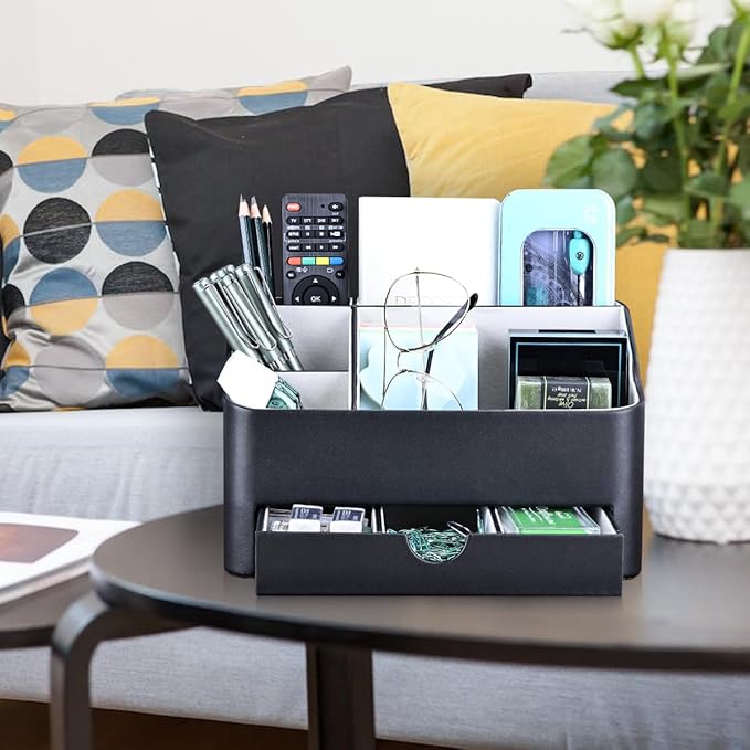 KINGFOM Desk Organizer with Drawer, Multifunction Pencil Holder for Desk, Desk Organizer and Accessories 5 Compartments for Home Office Supplies (Black)