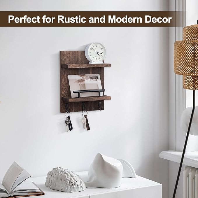 Lucundm Key Holder Wall Mount, Mail Shelf Decor with 3 Key Hooks, Versatile Wood Wall Organizer for Entryway Hallway (8.2” x 10.6”x 3.6”) (Brown)