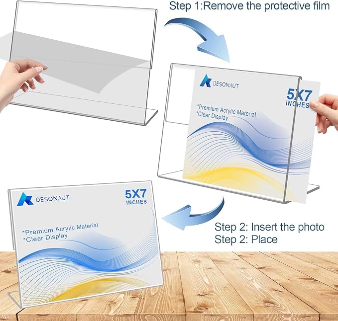 DESONAUT 8 Pack Slanted Back Acrylic Sign Holder 5x7 inches,Clear Tabletop Sign Holder,Acrylic Picture Frames Stands for Display,Plastic Flyer Menu Holder for Office,Home,Restaurant（Horizontal）