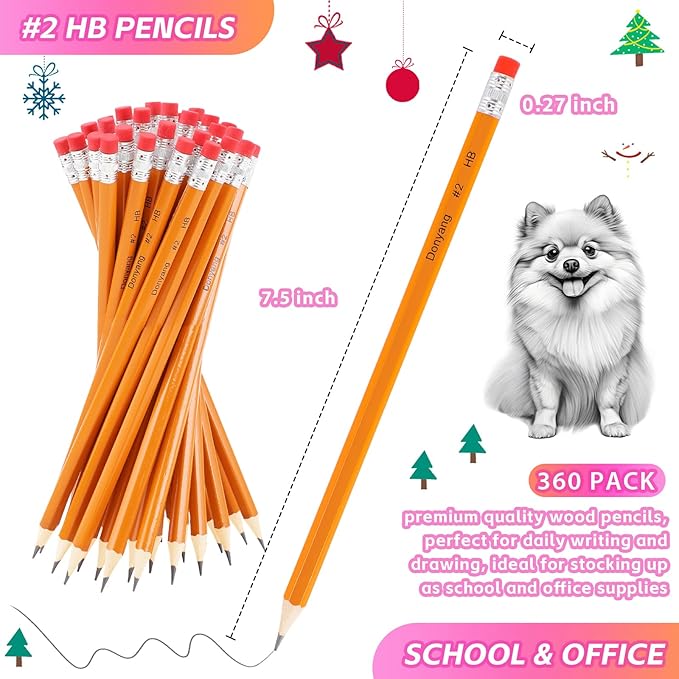 Donyang 360 Pack #2 Pencils Bulk, Pre-Sharpened Number 2 HB Yellow Pencils with Top Erasers for Writing, Drawing, Sketching, Teacher Essentials Office Accessories
