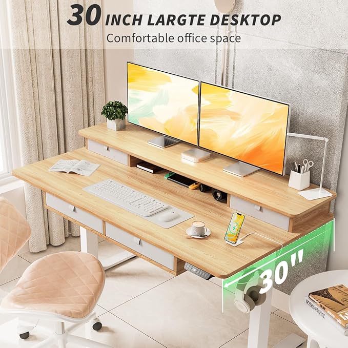 Kingant 55 x 30 Inch Electric Standing Desk with 4 Drawers, Adjustable Height Computer Desk for Home Office, Large Workstation Sit Stand Up Desk with Built-in USB A/C Charging Ports, Nature