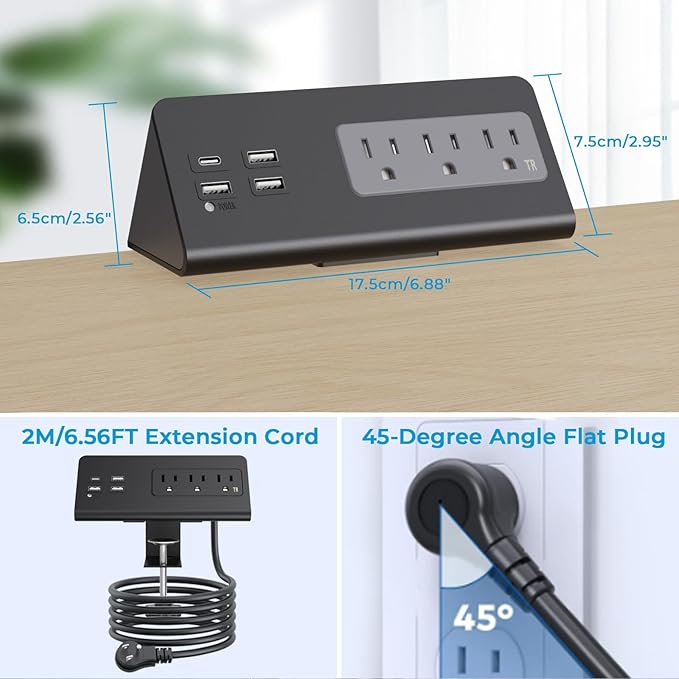 Nightstand Charging Station, Nightstand Edge Power Strip with 3 AC Outlets, 4 Fast Charging USB Ports, Connect 6.56FT Flat Plug, Desk Surge Protector for Office Home Hotel, 2-Pack(Black)