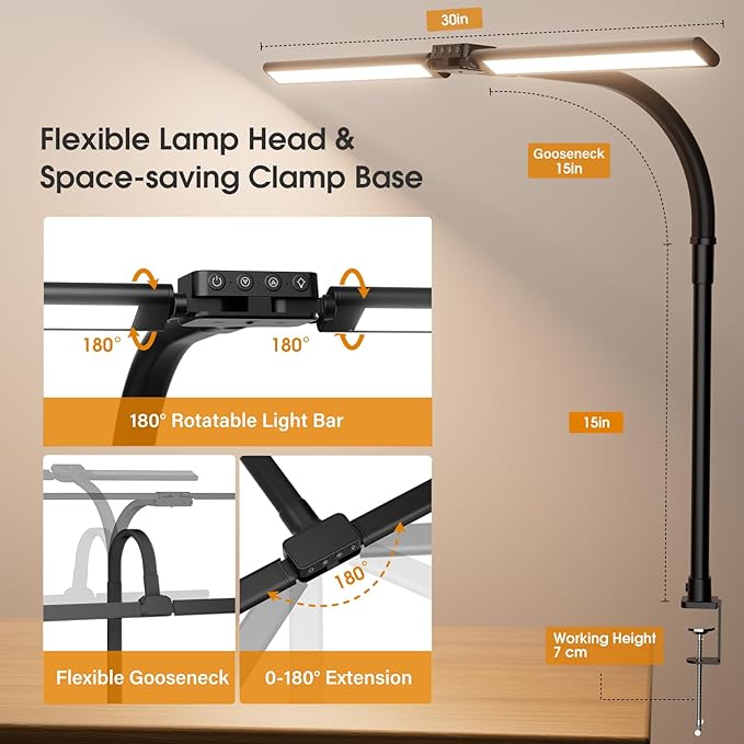 SIBRILLE LED Desk Lamp for Home Office - Dimmable Computer Desk Light with Clamp, Modern Architect Task Lamp with Color Changing, Flexible Desktop Lamp with Gooseneck for Monitor, Double Head, Black