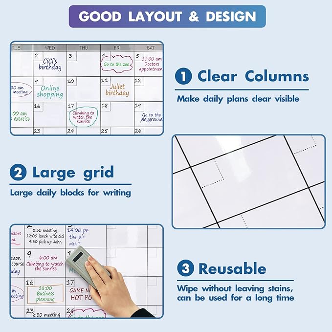 Jumbo Dry Erase Yearly Whiteboard Wall Calendar, 46" x 63", Huge 12 Month Laminated Erasable White Board, Giant Annual Family Schedule Planner, Large Undated Reusable Year Poster