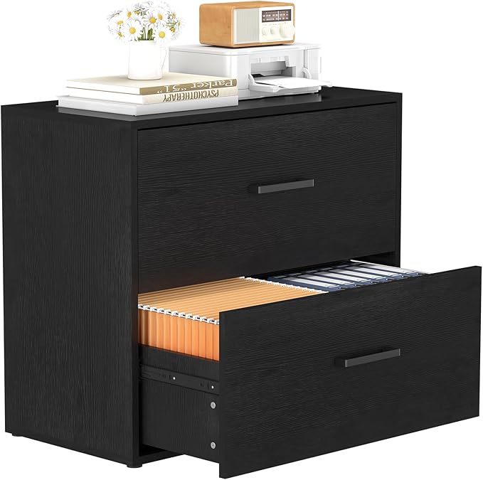 FATIGOS Lateral File Cabinet, Wood Black File Cabinet with Hanging Bars for Letters, Horizontal File Cabinets for Home Office, Black