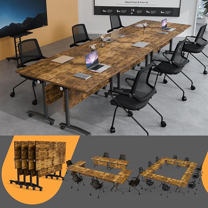 Folding Conference Table 4ft 5ft, Foldable Office Meeting Desk for 6 People, Multiple Sizes Colors Mobile Conference Room Table for Training Room School Business Furniture (2, Brown, 47in)