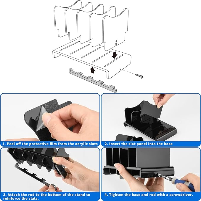 CaSZLUTION Acrylic Multi Device Organizer Stand Base for Portable Charger Power Banks, 4 Slots Desktop Storage Holder Compatible with USB Battery Pack, Phones and Tablets (Stand Only) - Black