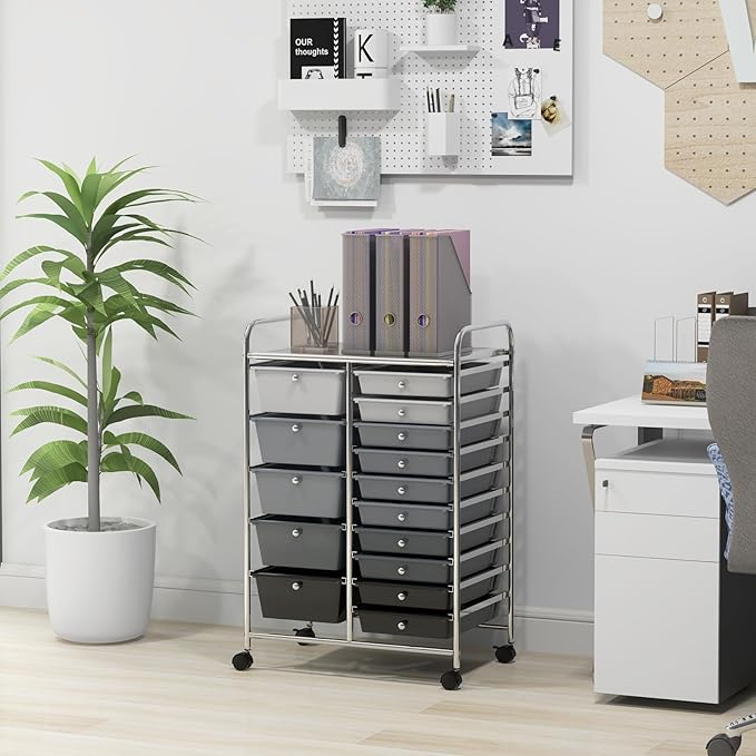 HAPPYGRILL 15-Drawer Rolling Cart, Storage Carts with Removable Drawers & Steel Frame, Utility Cart on Lockable Wheels for Home, School, Office, Black Gradient
