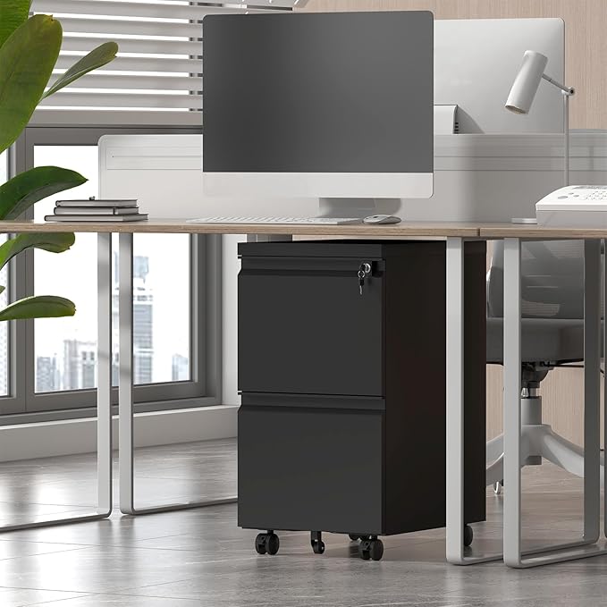 HOMOFFICE 2 Drawer File Cabinet with Lock, Metal Mobile Filing Cabinet on Wheels, Compact Desk Side Storage Cabinet for Home Office, Letter/Legal/A4 File Organizer with Anti-Tip Wheel (Black)