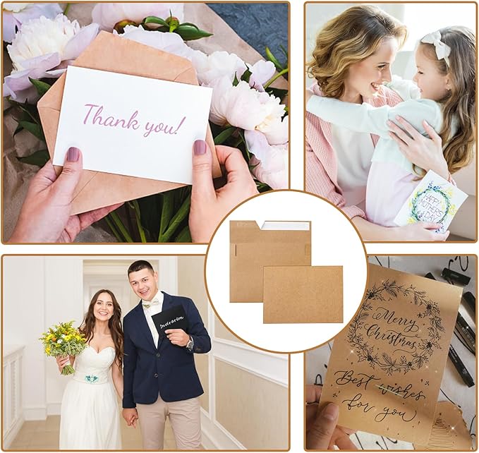 Silunkia 100 Packs Brown Blank Cards and Envelopes 5 x 7 Heavyweight Single Panel Cardstock and A7 Envelopes Self Seal for Wedding Invitations, Birthday, Thank You Cards, Mailing
