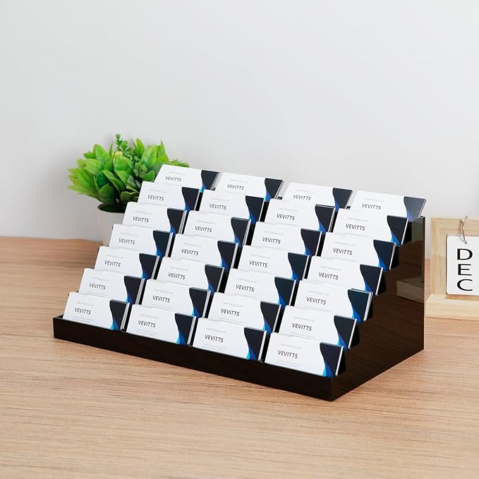 Vevitts Acrylic Business Card Holder for Desk Multiple Business Card Holders 28 Slot 7 Tier Large Business Card Organizer Business Card Display Rack Black Plastic Business Card Stand for Home Office