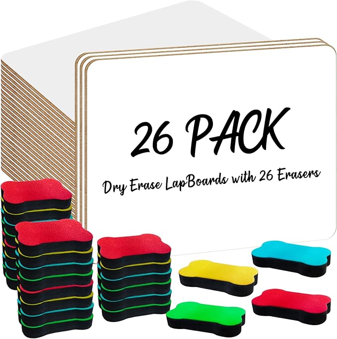 OSIMIG 26 Pack Small White Board Dry Erase, Mini Dry Erase Board 9" x12”, Double Sided Personal Whiteboards with 26 Erasers, White Boards for Students Teachers School Supplies