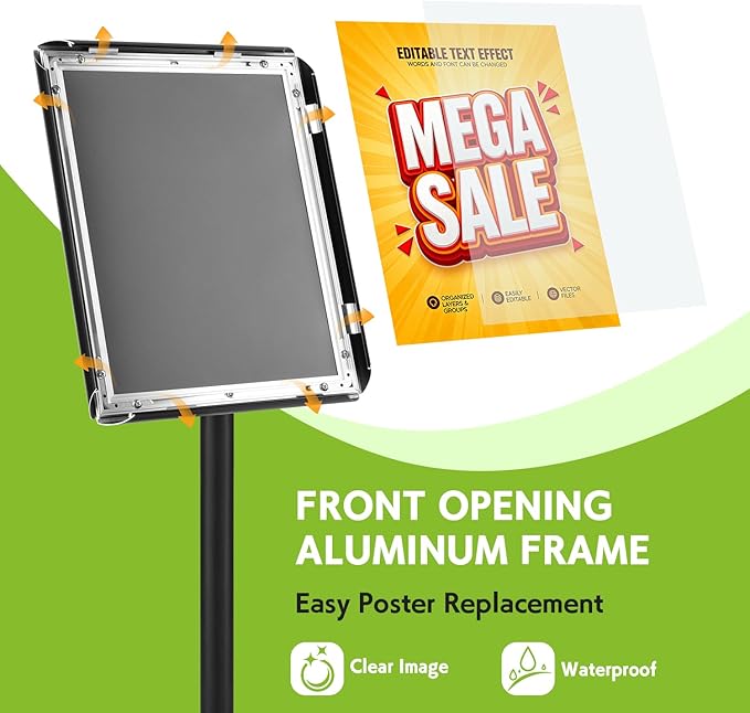 RedChili Floor Standing Sign Holder Stand for 8.5x11 Inches Poster or Chalk Board, Pedestal Sign Holder with Snap Open Frame,360° Rotation,Adjustable Post Height Outdoor Indoor Standing Display Sign Holders for Advertising (Black, Sharp Corner)