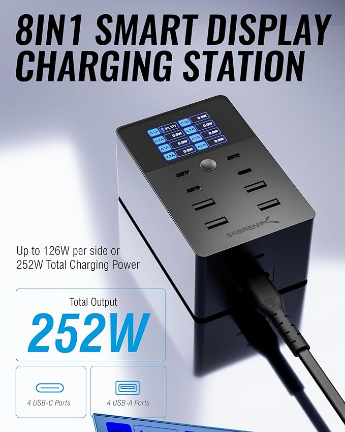 SABRENT Charger, 252W 8-Port Desktop Charging Station w/Real-Time LCD Display, UL Certified | USB C/A, Compatible with MacBook, iPhone, Samsung Galaxy, and Tablets
