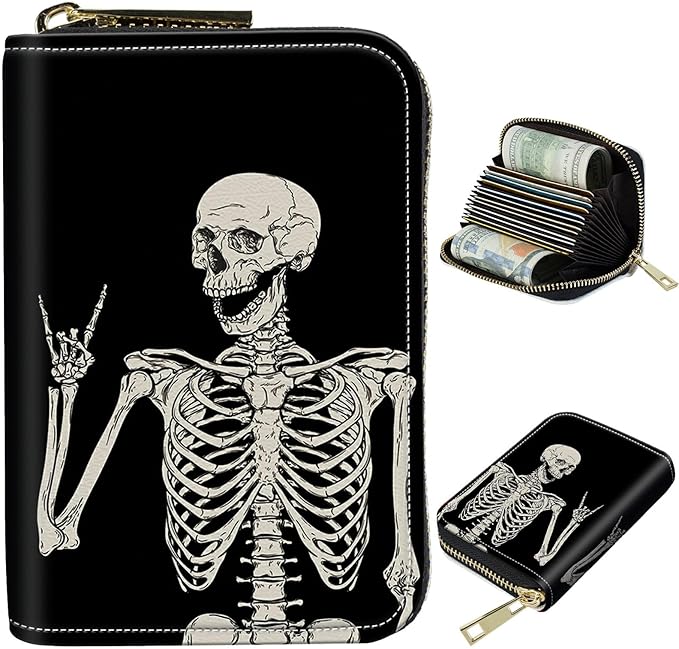 BWEGRHE Cute Credit Card Holder with Zipper, Skull Skeleton RFID-Blocking Card Case Small Wallet for Women Men, Multi-slot Card Organizer Case Travel Accordion Wallet