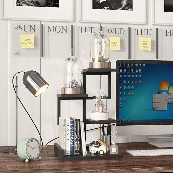 YMYNY Desktop Shelf Organizer, 4 Tier Storage Display Rack, Desk Shelf Organizer Small Bookshelf with Metal Frame for Office, Books, Plants, 12.2" x 9.45" x 17.52", Black UHSR007B