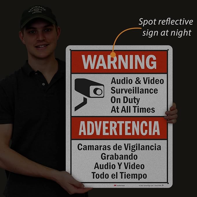 SmartSign 24 x 18 inch “Warning - Audio & Video Surveillance On Duty At All Times” Bilingual Sign, 80 mil Aluminum, 3M Laminated Engineer Grade Reflective Material, Red, Black and White, USA-Made