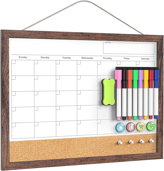 Calendar Whiteboard for Wall, 17x13 Inches White Board Calendar Dry Erase, Small Magnetic White Board with Wood Frame, Hanging Dry Erase Board for Kitchen Home Office School Planner
