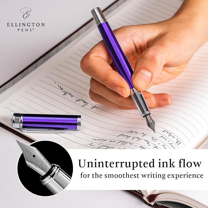 Ellington Pens Luxury Fountain Pen Set - Smooth Medium Nib - Includes 3 Ink Cartridges, Refillable Ink Converter, Gift Box - Fountain Pens For Writing, Calligraphy, Journaling, Sketching (Purple Haze)