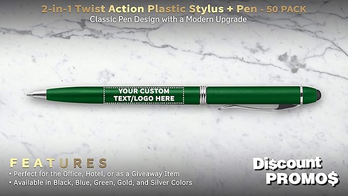 DISCOUNT PROMOS Custom Twist Action Plastic Stylus Pens, Set of 50, Personalized Bulk Pack - Pens for Work, Cool Pens for Writing, Black Ink - Green
