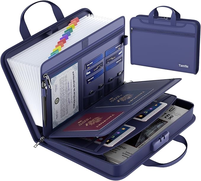 5200℉ Fireproof Accordion File Organizer with Lock, Thickened Document Organizer 13 Pocket with Zipper & Labels, Important Document Organizer, Expanding File Folder with Handle for Letter A4 (Blue)