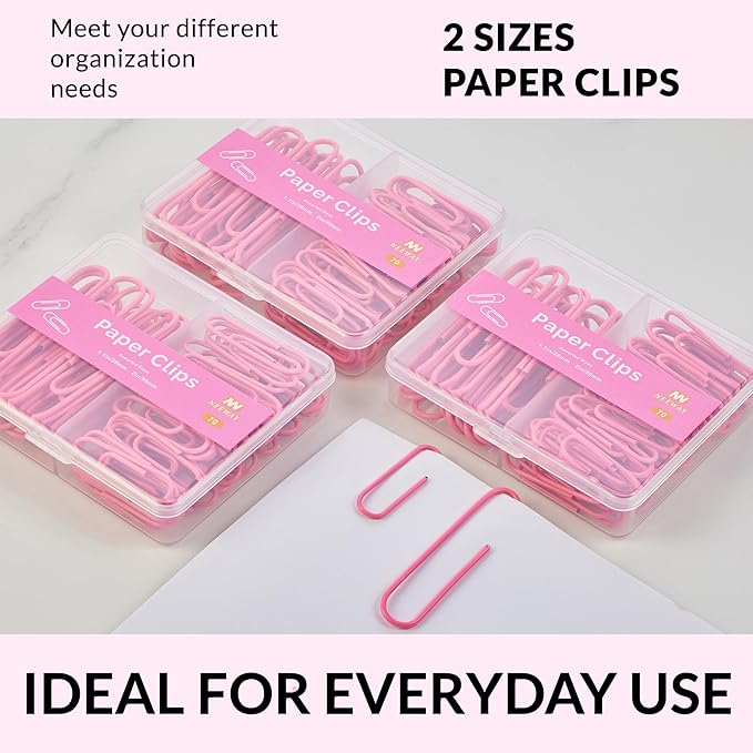 NEEWAY Colorful Paper Clips Assorted Sizes, Small and Large Paperclips, 210 Count, 3 Pack of 70 (Rose Pink)