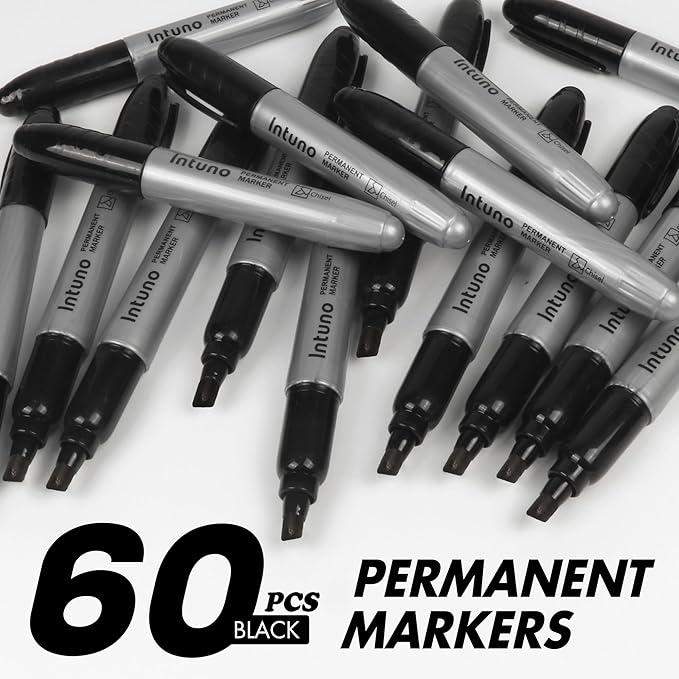 INTUNO Jumo Permanent Markers, 60 Count Black, Chisel tip, Oil-Based Permanent Markers, Waterproof and Fade-Resistant, for Paper, Wood, Metal, Glass and More