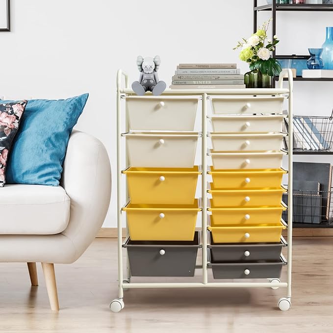 GLACER 15 Drawers Rolling Cart, Storage Cart with w/Removable Drawers & Steel Frame, Multipurpose Organizer Cart w/Sleek Handle, Utility Cart on Lockable Wheels for Home, School, Office (Yellow)