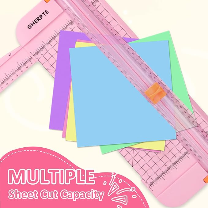 A4 Paper Cutter 12 Inch Titanium Paper Trimmer Scrapbooking Tool with 2pcs Replacement Blades with Automatic Safety Guard and Side Ruler for Craft Paper, Cardstock, Photo, Coupon, Label,Pink