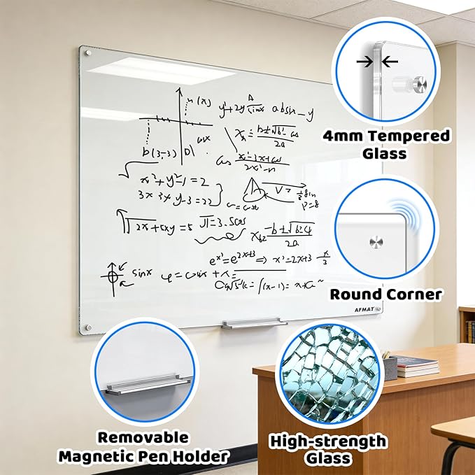 AFAMT Magnetic Dry Erase Board, 40" x 60" Glass Whiteboard, 4mm Tempered Glass, Strong Magnetic Surface, No Ghosting, Large Frameless Mounted Glass White Board for Office, Home, School