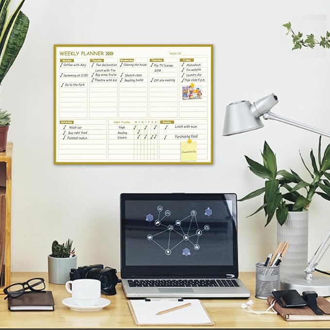 Gold Weekly Dry Erase Board for Wall,12"x16",Small Magnetic Dry Erase Weekly Calendar Board,Gold Metal Frame Weekly Planner Whiteboard for to Do List, Memo, School, Home, Office, Kitchen-GZ