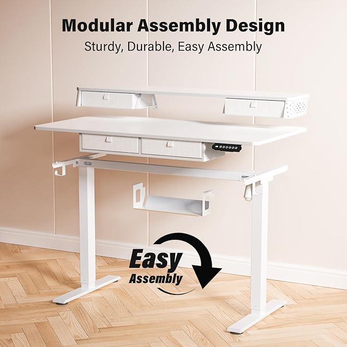Kingant 48 x 24 Inch Electric Standing Desk with 4 Drawers, Height Adjustable Sit to Stand Computer Desk with Storage Shelf and C-Clamp Mount Compatibility for Home Office, White