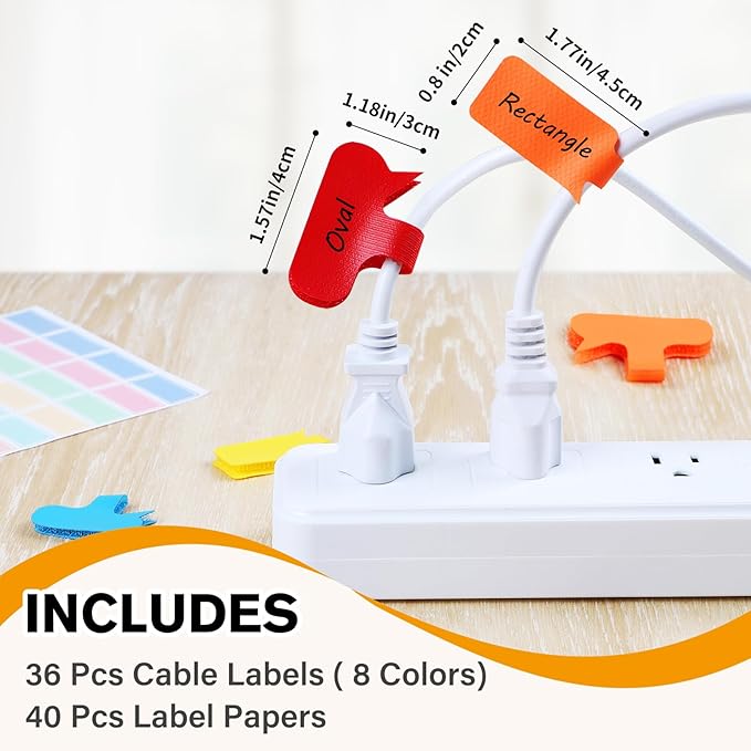 SummerBrite 36-Pack Large Cable Labels with 40 Write-On Stickers, Reusable 8-Color Wire Tags for Electronics, Cord ID & Cable Management for Home Office, PC Network - Oval
