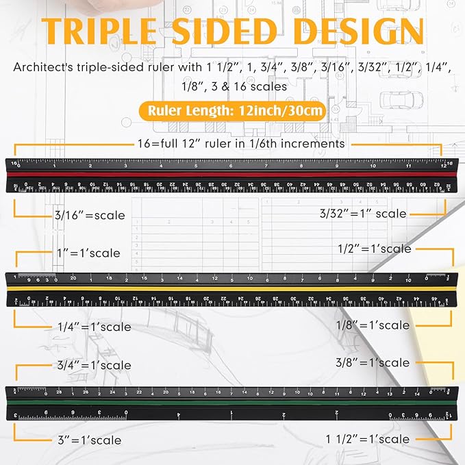 Macarrie 10 Pcs Architectural Scale Triangular Ruler 12" Architect Engineers Scale Ruler Set Aluminum Metal Ruler with Imperial Measurements for Architect Student Draftsman Engineer (3 Colors)