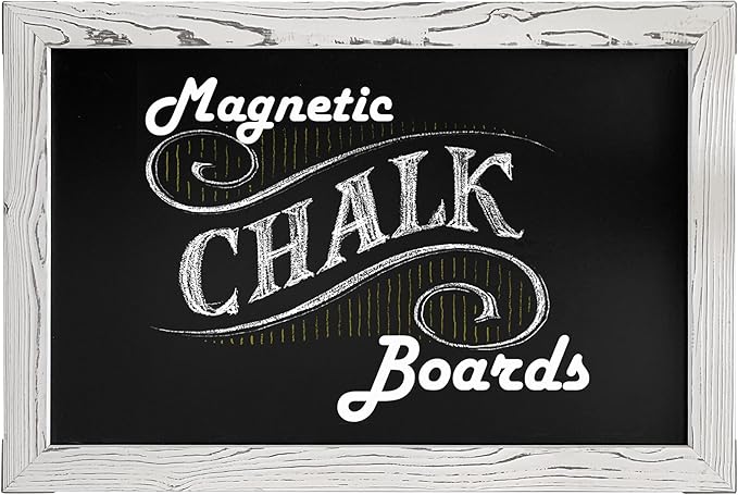 Loddie Doddie Magnetic Chalk Board - 20" x 30", White Rustic Wood Frame - Chalkboard Sign with Erasable Surface - Photo & Note Decorative Magnet Display - Easy Hang Magnetic Boards for Walls
