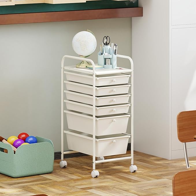 Giantex 6 Storage Drawer Cart Rolling Organizer Cart for Tools Scrapbook Paper Home Office School Multipurpose Mobile Utility Cart (Ivory)