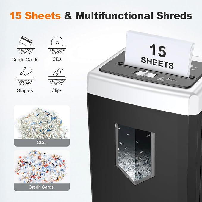 Bonsaii 15-Sheet Office Paper Shredder, 40-Minute Home Office Heavy Duty Shredder, Crosscut Shredders for CD, Credit Card, Mails, Staple, Clip, Anti-Jam System & P-4 High Security & 5 Gal Pullout Bin