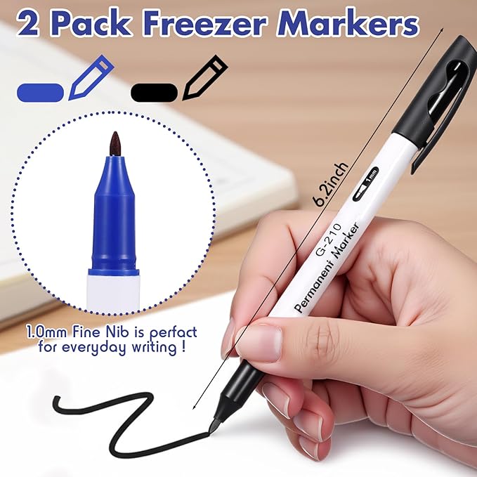Janlaugh 2 Pcs Freezer Permanent Markers Waterproof Fast Drying Labels 1.0mm Chisel Fine Point Tips Food & Fridge Labels Markers Pen(Black and Blue)
