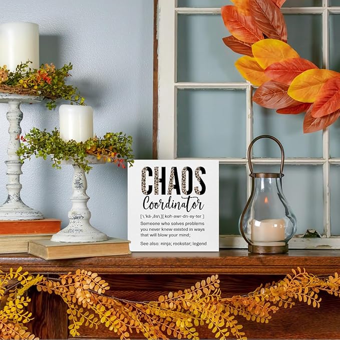 Funny Chaos Coordinator Gifts Office Decor, Leopard Chaos Coordinator Wooden Box Sign, Thank You Gifts, Home Farmhouse Table Shelf Desk Decor Accessories, Appreciation Gifts for Coworkers Colleague