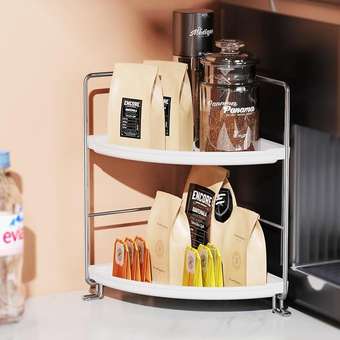 JANUS LiANG 2-Tier Corner Bathroom Countertop Organizer, Tiny Counter Corner Shelf Skincare Makeup Perfume Organizer and Organization for Kitchen (White)