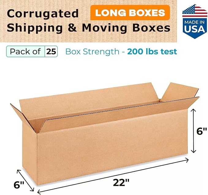 Long Moving & Shipping Boxes 22"L x 6"W x 6"H (25-Pack) - Extra Strength 200 lb vs Regular - Corrugated Heavy Duty Packing Boxes - Heavy Duty Shipping Box - Long Cardboard Box by IDL Packaging