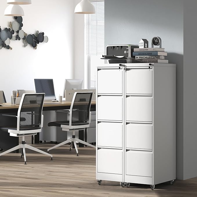 IKIMI 4 Drawer Locking File Cabinet with Wheels,White Metal Mobile Filing Cabinets,Vertical File Cabinet for Home Office,Heavy Duty Rolling Storage Cabinet for A4/Letter/Legal Size,Assembly Required