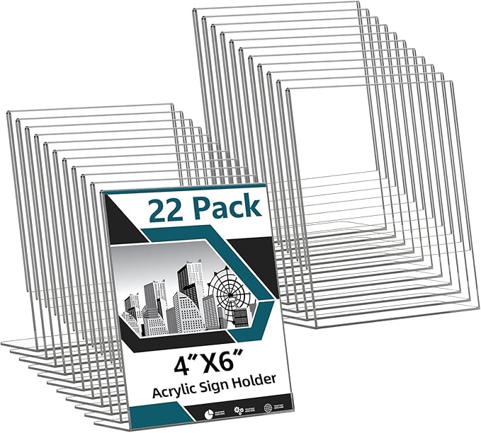 Acrylic Sign Holder 4x6, 22 Pack Clear Plastic Table Paper Display Stand, L-Shape Vertical Menu Holder Stand, Clear Picture Photo Flyer Display Stand for Restaurants, Store Show, Office Desktop